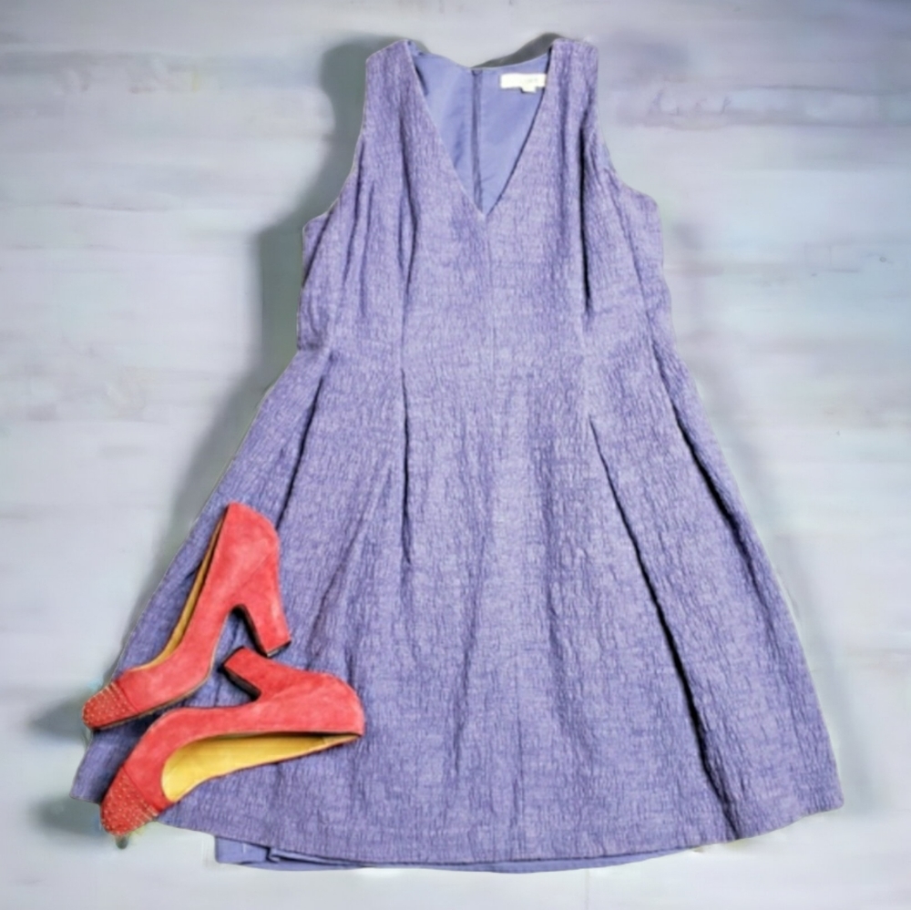 Loft Jacquard Woven Fit Flare Dress 8 Pleats V-neck Casual Event Spring Cotton